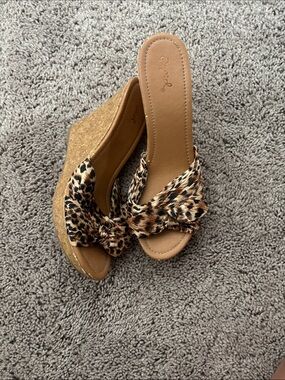 Qupid Leopard Knot Wedge Sandals in Tan and Black